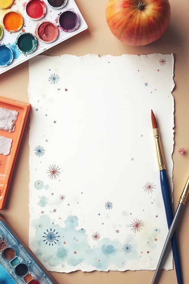 Blank watercolor paper with brushes and colorful paint palette, apple nearby. Holiday-themed design in progress.