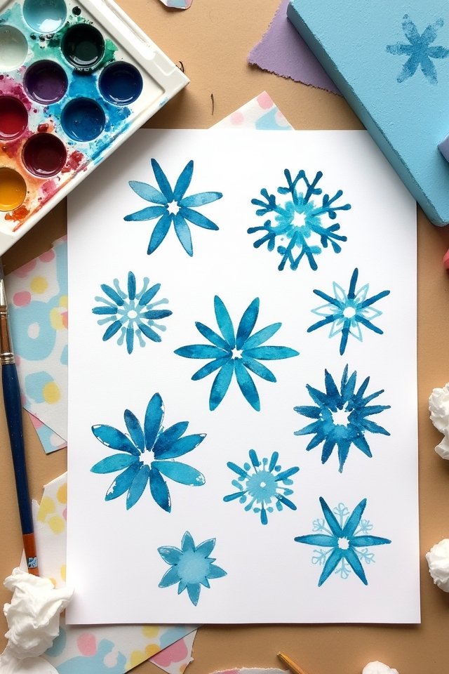 Watercolor blue floral designs on paper with paint set and brush nearby.