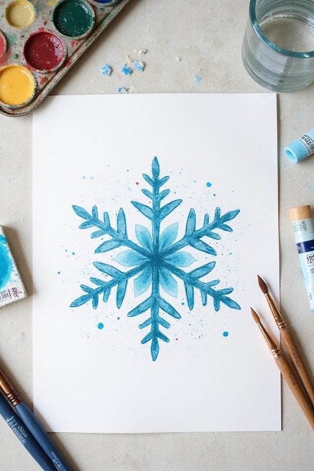 Watercolor snowflake painting on paper with brushes and paint palette nearby. Creative winter DIY art project.