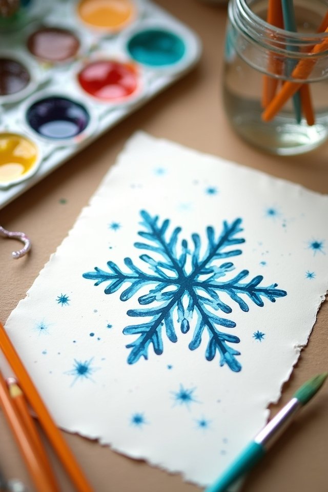 Watercolor painting of a blue snowflake with paint palette and brushes on a table.