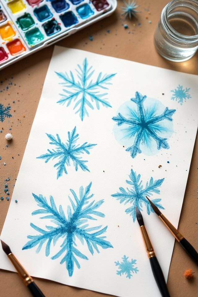 Blue watercolor snowflakes painted on paper with brushes and a palette nearby. Festive winter art project.