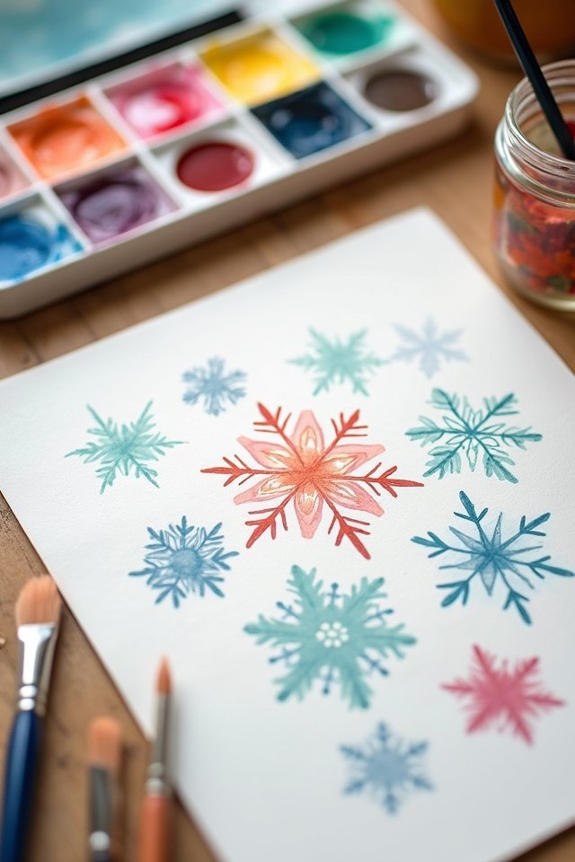 Watercolor snowflakes painting with brushes and colorful paint palette on a wooden table.