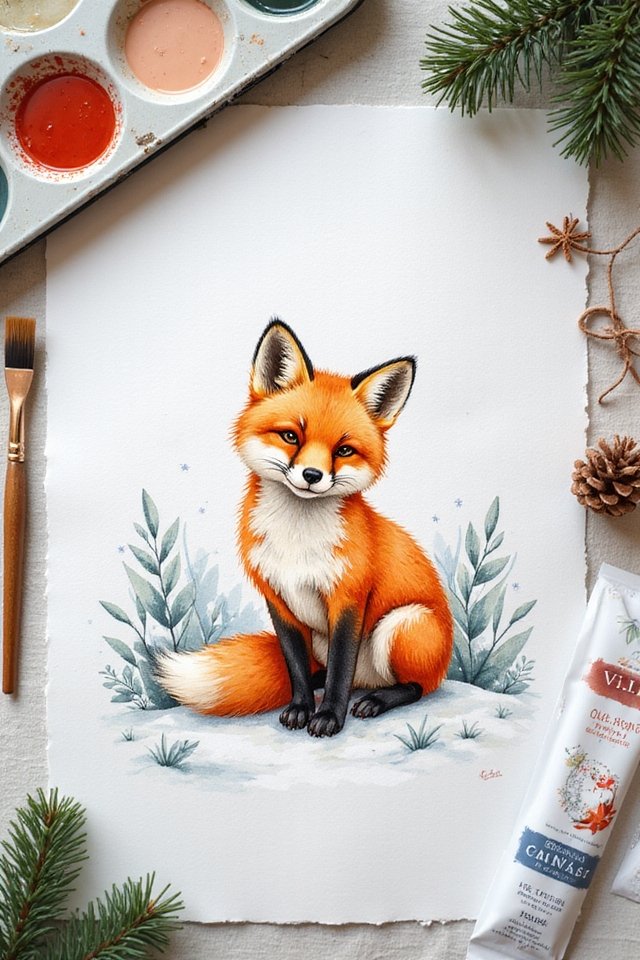 Illustrated fox in a watercolor painting surrounded by art tools and greenery on a textured white background.