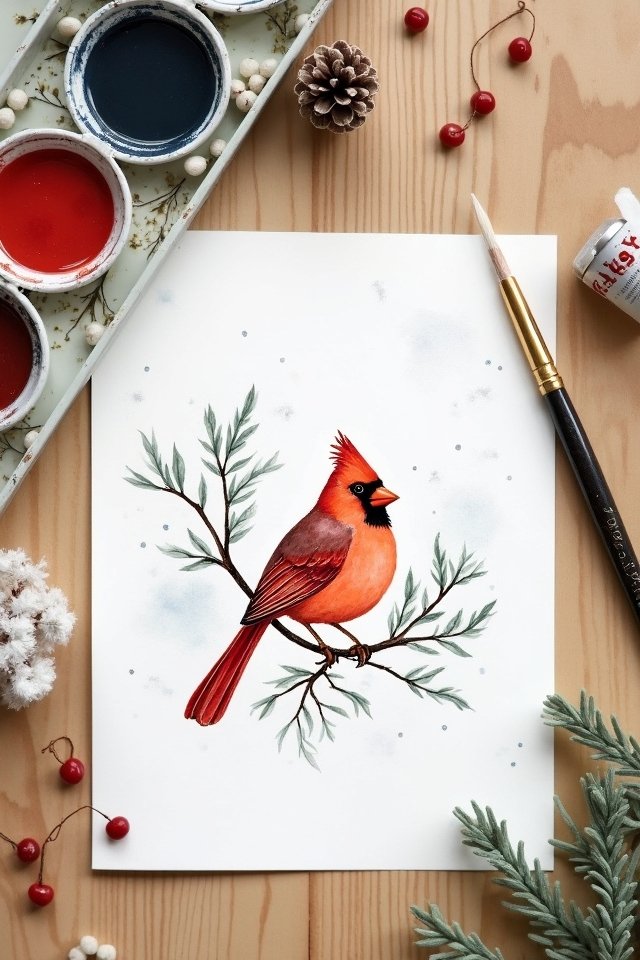 Watercolor painting of a cardinal perched on a branch, surrounded by art supplies and festive decorations.
