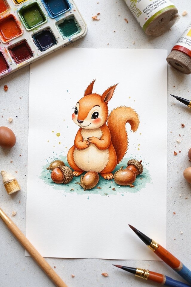 Cute squirrel illustration with acorns, surrounded by watercolor paints and brushes on a white background.
