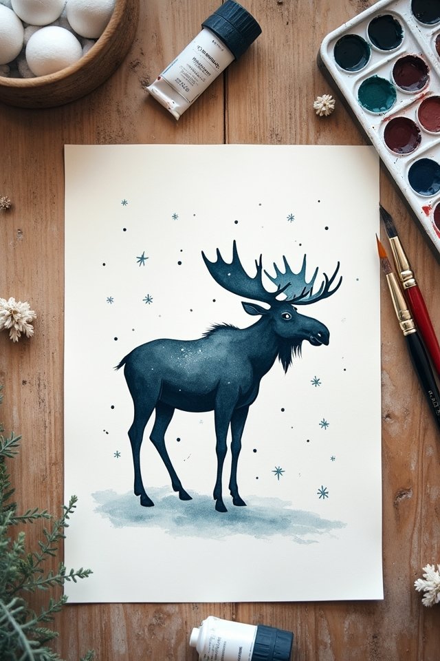 Whimsical moose watercolor painting surrounded by art supplies on wooden table.