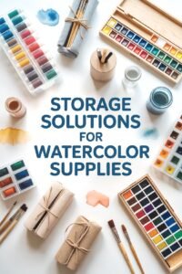 Storage solutions for watercolor supplies: paints, brushes, and cases arranged on a white background.