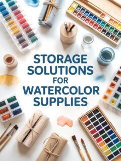 Storage solutions for watercolor supplies: paints, brushes, and cases arranged on a white background.
