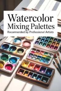 Colorful watercolor mixing palettes and brushes on a table, recommended by professional artists.