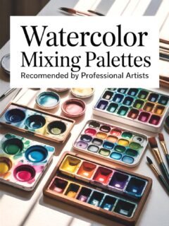 Colorful watercolor mixing palettes and brushes on a table, recommended by professional artists.