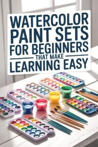 Watercolor paint sets and brushes for beginners on a sunlit table, promoting easy learning and creativity.
