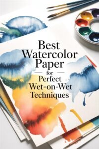 Watercolor paper with vibrant paint strokes, brushes, and palette for wet-on-wet painting techniques.
