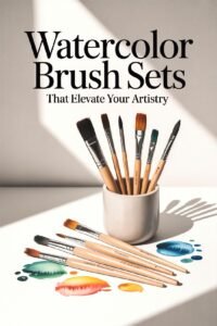 Watercolor brush sets in a ceramic holder with colorful paint strokes on white surface under natural light.
