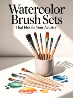 Watercolor brush sets in a ceramic holder with colorful paint strokes on white surface under natural light.