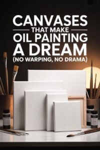 Artist supplies display featuring various canvases and brushes with text promoting warp-free oil painting.