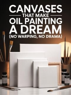 Artist supplies display featuring various canvases and brushes with text promoting warp-free oil painting.
