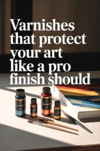 Varnishes and brushes on a table beside artwork, under text promoting professional art protection products.