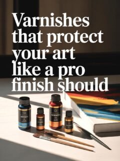 Varnishes and brushes on a table beside artwork, under text promoting professional art protection products.