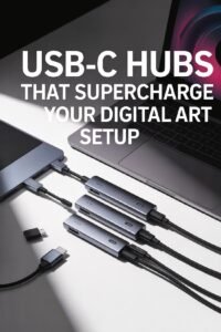 USB-C hubs connected to a laptop and tablet, enhancing digital art setup with increased connectivity and performance.