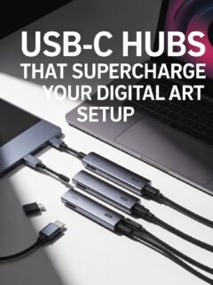 USB-C hubs connected to a laptop and tablet, enhancing digital art setup with increased connectivity and performance.