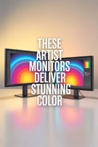 Dual monitors showcasing vibrant colors ideal for artists and designers. Text: These artist monitors deliver stunning color.