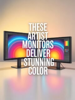 Dual monitors showcasing vibrant colors ideal for artists and designers. Text: These artist monitors deliver stunning color.