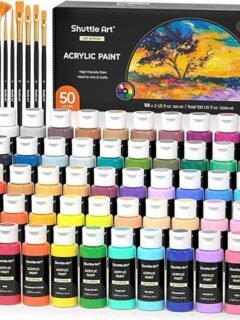 Acrylic paint set with 50 vibrant colors and brushes for art and crafts projects. Ideal for artists and beginners.