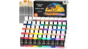 Acrylic paint set with 50 vibrant colors and brushes for art and crafts projects. Ideal for artists and beginners.