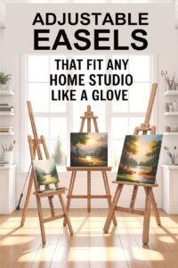 Adjustable easels for home studio with landscape paintings, perfect fit for art spaces.