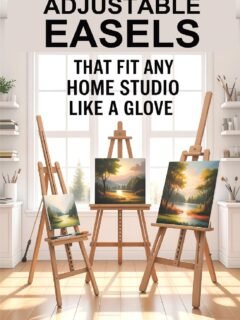 Adjustable easels for home studio with landscape paintings, perfect fit for art spaces.