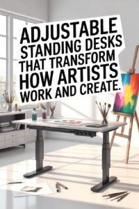 Adjustable standing desk in artist's studio with paint supplies and colorful artwork on easel.
