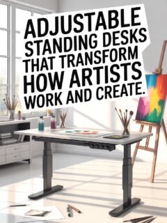 Adjustable standing desk in artist's studio with paint supplies and colorful artwork on easel.