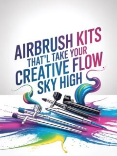 Airbrush kits with vibrant colors and tools for enhancing your creative projects. Text: 'Creative Flow Sky High'.
