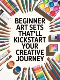 Colorful beginner art supplies including pencils, paints, and brushes arranged around text promoting creative kits.