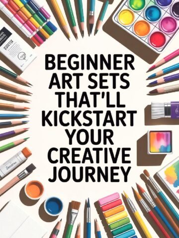 Colorful beginner art supplies including pencils, paints, and brushes arranged around text promoting creative kits.