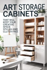 White art storage cabinet with open shelves and drawers, filled with brushes and supplies, beside an easel.