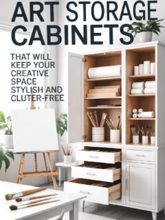 White art storage cabinet with open shelves and drawers, filled with brushes and supplies, beside an easel.