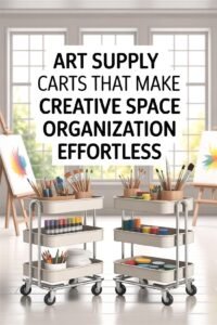 Art supply carts with brushes and paints, enhancing creative space organization in a bright studio setting.