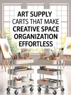 Art supply carts with brushes and paints, enhancing creative space organization in a bright studio setting.