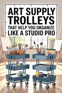 Art supply trolleys with brushes and paints in a sunlit studio, promoting organized creativity.