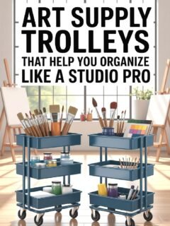 Art supply trolleys with brushes and paints in a sunlit studio, promoting organized creativity.