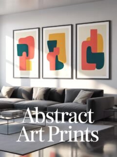 Modern living room with gray sofa, abstract art prints on wall, and sunlight streaming in through large windows.