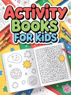 Colorful activity books for kids featuring mazes and drawing activities, surrounded by crayons.