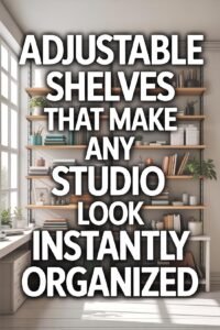 Chic adjustable shelves organize a bright studio space, enhancing functionality and style.