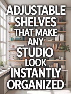 Chic adjustable shelves organize a bright studio space, enhancing functionality and style.