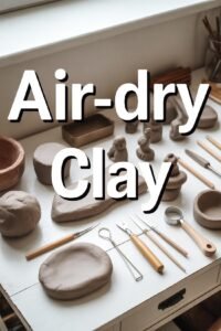 Air-dry clay tools and creations on table, ideal for crafting and DIY projects.