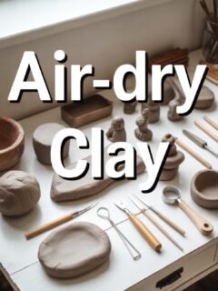Air-dry clay tools and creations on table, ideal for crafting and DIY projects.