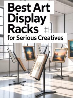 Art display racks in a bright room, showcasing artwork, ideal for creatives looking to elevate their art presentation.