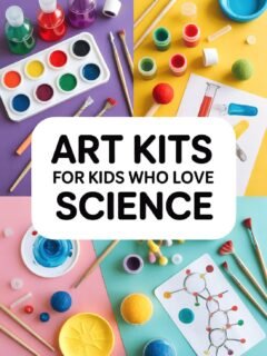 Art kits for kids featuring colorful paints, brushes, playdough, and creative science-themed activities.