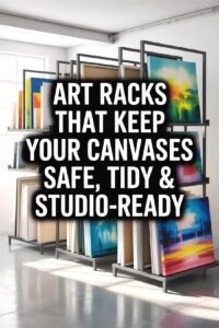 Art racks storing colorful canvases safely in a studio, ensuring organization and protection.